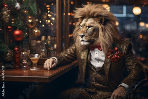 Portrait of a lion in a bar. The concept of the New Year and Christmas.