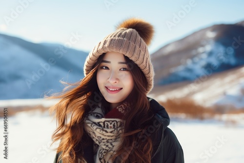 Beautiful Asian young woman in a knitted hat walks and smiles in a snowy winter mountains. Happy girl's face portrait close-up front view. Generative AI. © Nikolai