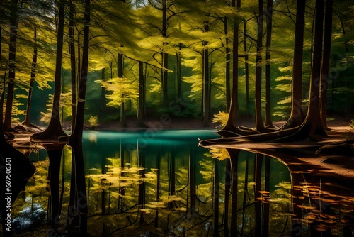 A serene wilderness scene with a crystal-clear lake surrounded by tall, majestic pine trees. The air is filled with the refreshing scent of nature