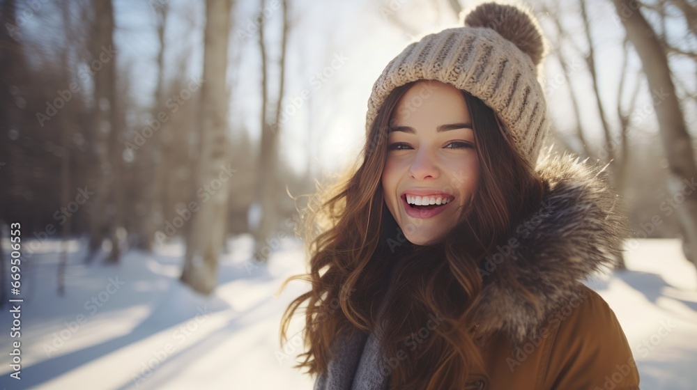 Beautiful brown haired young woman in a knitted hat walks and smiles in a snowy winter forest. Happy girl's face portrait close-up front view. Generative AI. Beautiful brown haired young woman in a knitted hat walks and smiles in a snowy winter forest. Happy girl's face portrait close-up front view. Generative AI.