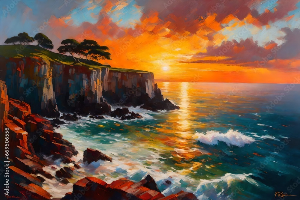 An impressionist oil painting of a coastal cliff at sunset, echoing the style of Boudin, with dramatic colors, crashing waves, and a sense of the sublime in nature's beauty