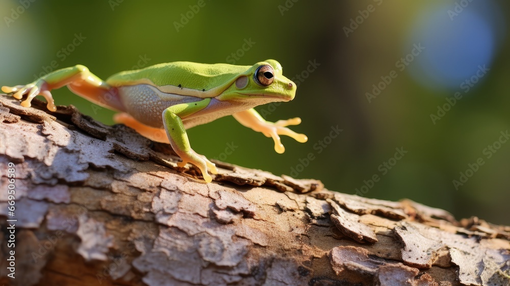 Obraz premium Western Green Tree Frog Leaping from Tree Trunk