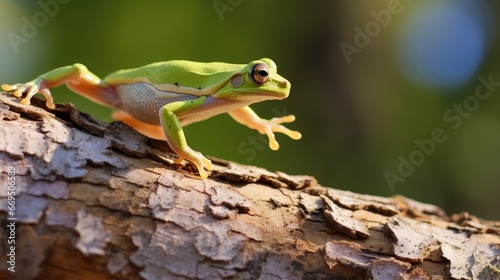 Western Green Tree Frog Leaping from Tree Trunk