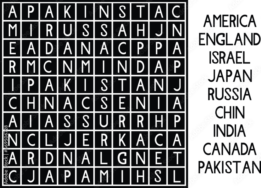 Word search puzzle for children, the names of countries, fun education game for kids, preschool worksheet activity, vector illustration Word search puzzle for children, the names of countries, fun education game for kids, preschool worksheet activity, vector illustration