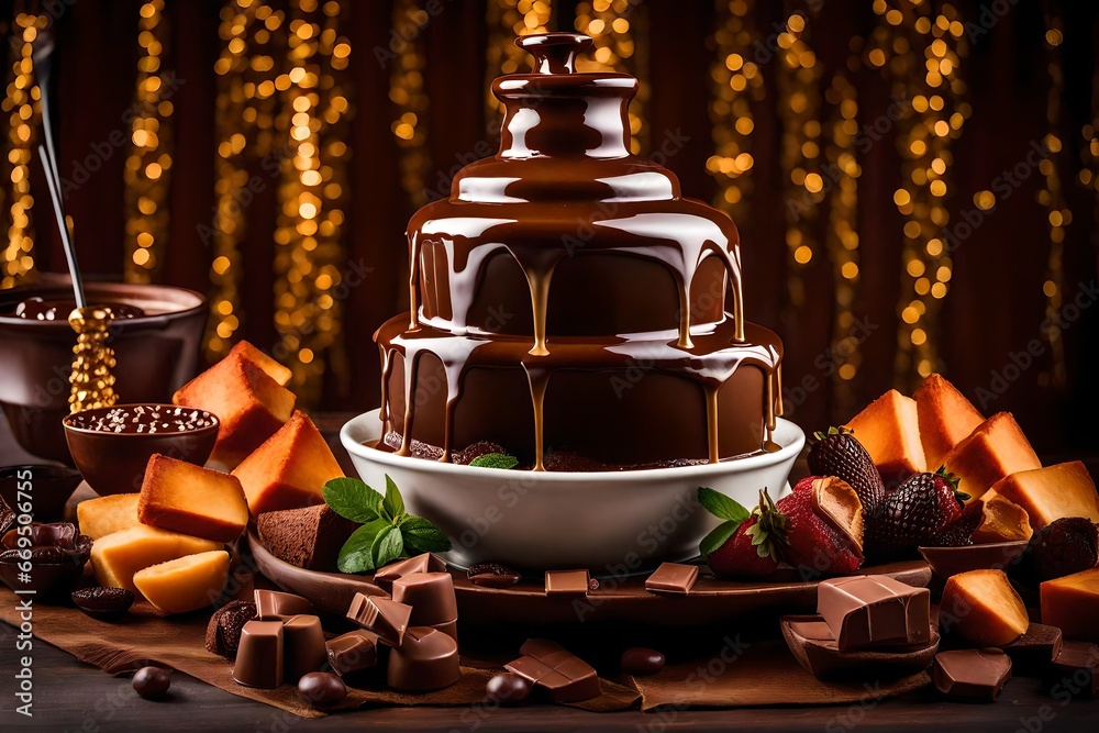 A sumptuous chocolate fondue fountain, a cascade of velvety chocolate ready to embrace a variety of delectable dippers