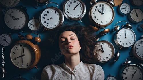 Woman asleep surrounded by clocks