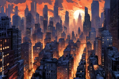 A comics panel featuring a cityscape at twilight,  dramatic lighting, and a sense of impending action. photo