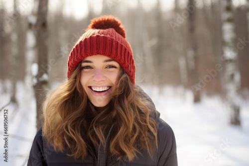 Beautiful brown haired young woman in a knitted red hat walks and smiles in a snowy winter forest. Happy girl's face portrait close-up front view. Generative AI.