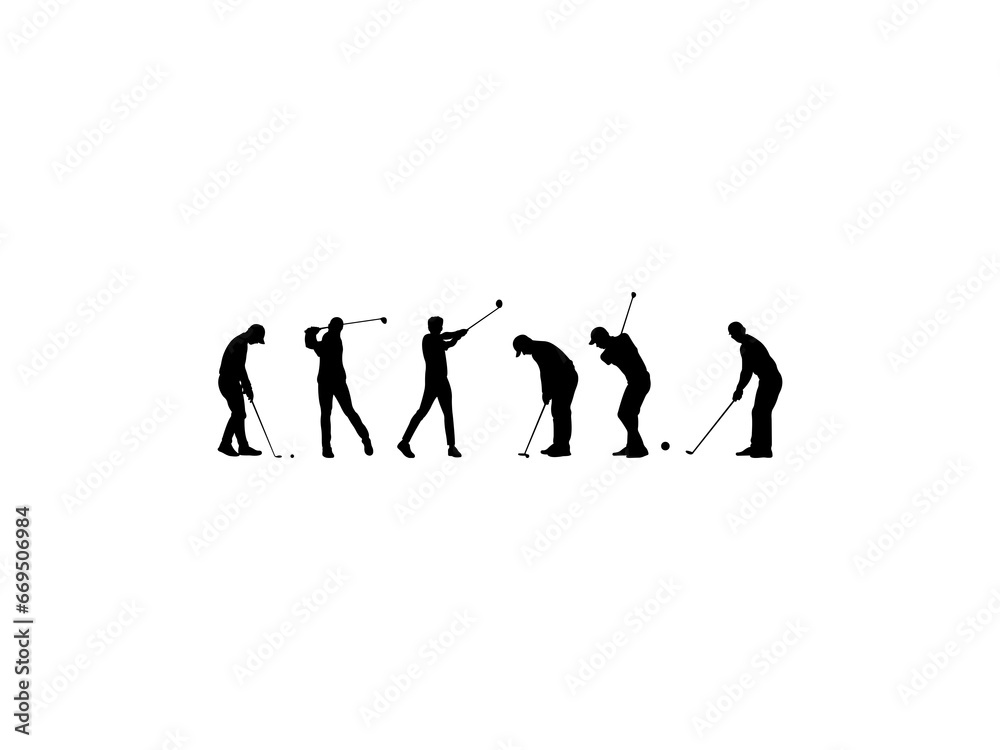 Set of Golf Player Silhouette in various poses isolated on white background