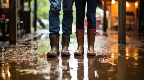 Young couple in wellington boots on flooded floor
