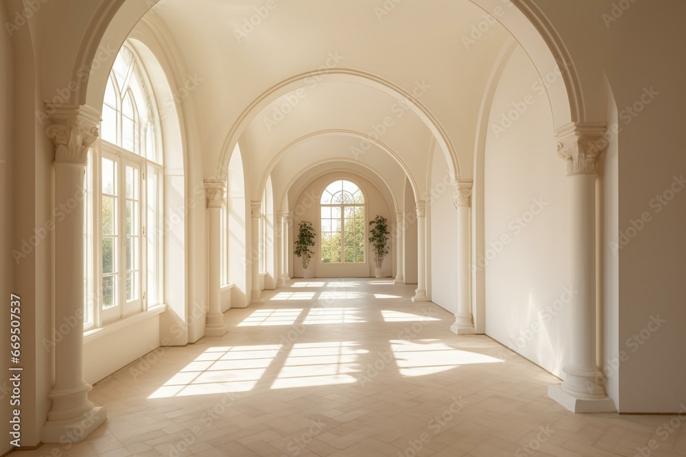 Bright hallway with an empty room featuring an archway and natural lighting. Generative AI