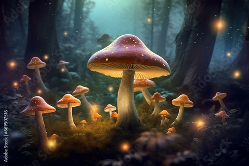 Illustration of enchanted mushrooms in forest, evoking fairytales, mysticism, and hallucinogens. Generative AI