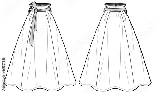 Women's belted flared full Skirt flat sketch vector illustration with front and back view, long Full length skirt for casual wear fashion technical drawing vector template mock up