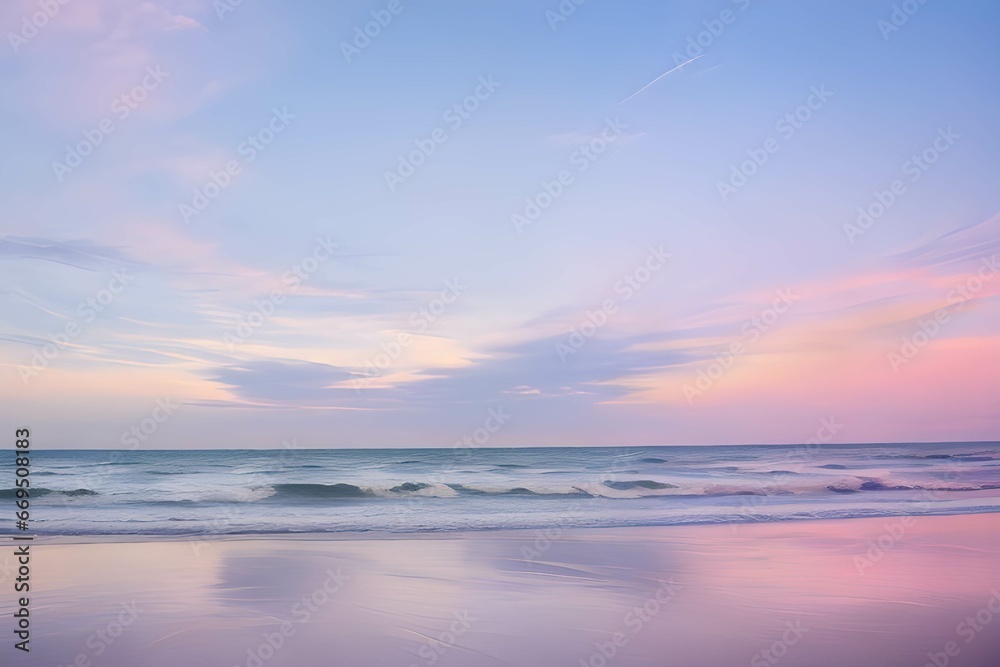 Fototapeta premium うっすらとした雲と穏やかな波が打ち寄せるパステルカラーのビーチの日の出