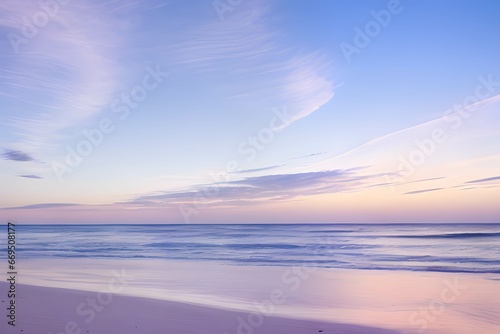 うっすらとした雲と穏やかな波が打ち寄せるパステルカラーのビーチの日の出 © sky studio