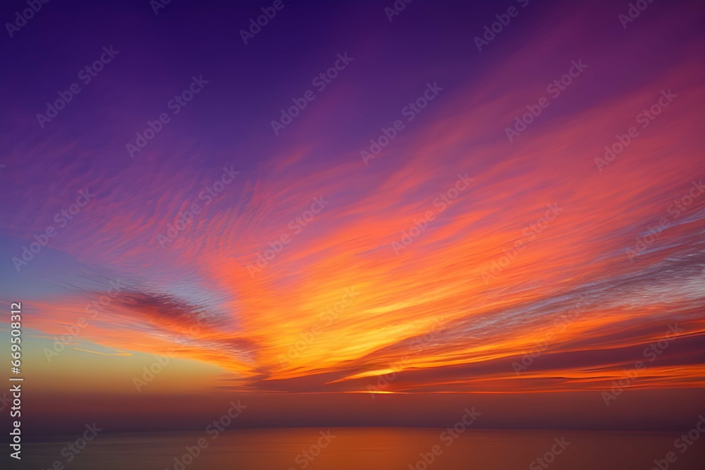 夕暮れ時の海上から見た、オレンジとピンク、紫のグラデーションが美しい空に浮かぶ繊細な雲、そして水平線に沈む太陽の光景