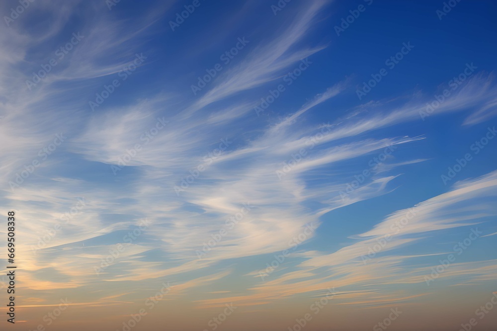 青とオレンジのコントラストが魅力的な空、ふわふわとした雲が描く穏やかな風景