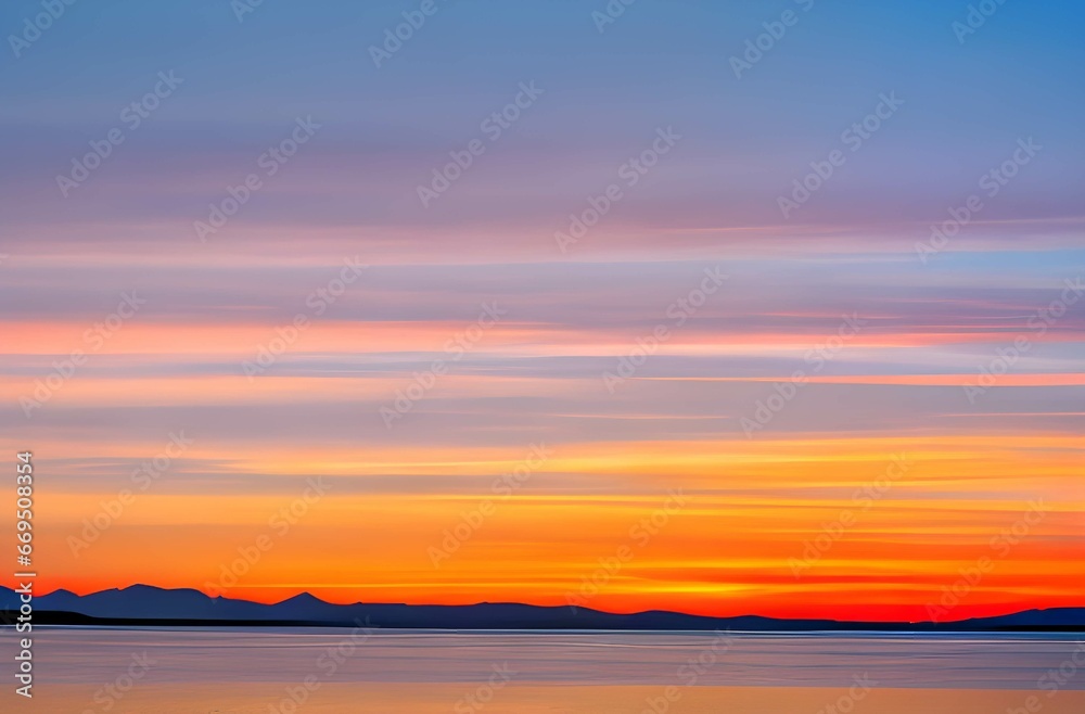 夕日に染まる雄大な山々と静かな湖、オレンジとピンクの空が広がる風景