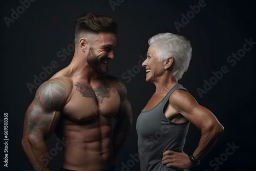 Athletic elderly muscular man and woman in gym before workout © ZayNyi