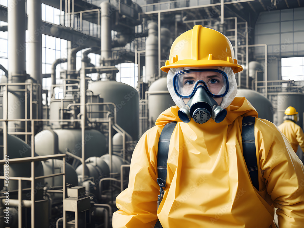 portrait of professional in protective suit against hazardous materials working in chemical production factory, industry concept, generative ai portrait of professional in protective suit against hazardous materials working in chemical production factory, industry concept, generative ai