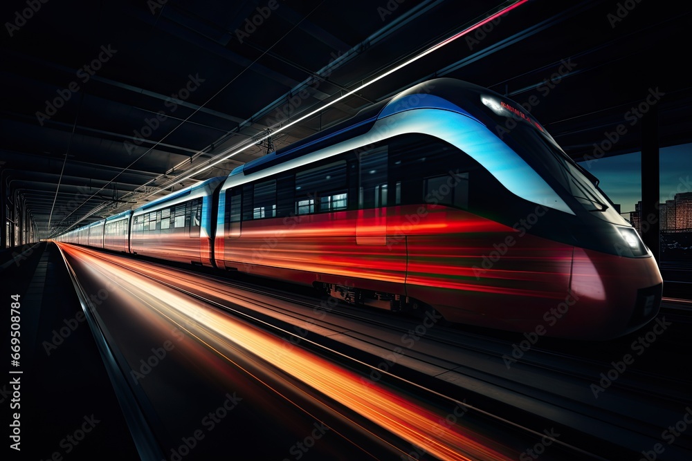 Modern high-speed passenger train in the night lights. Generated by AI.