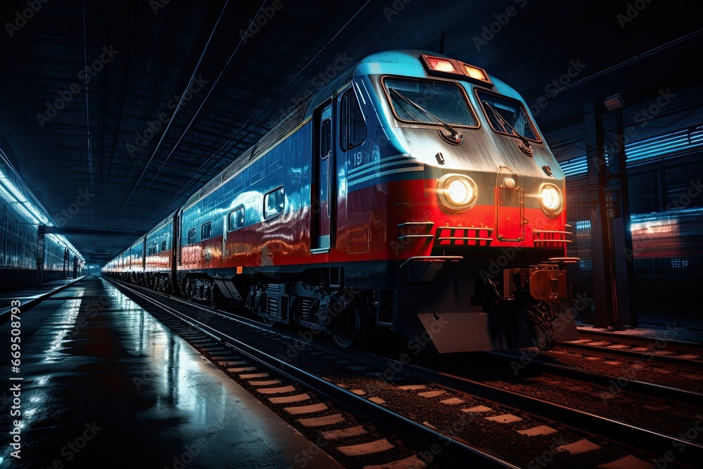 Fototapeta premium Modern high-speed passenger train in the night lights. Generated by AI.