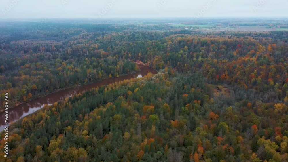Autumn Gauja River Near in Sigulda, Latvia. Colorfull Forests and Valley Aerial Drone Shot Gauja National Park. The Devil Cliff Pedestrian Bridge Over the River Gauja View From Ski Resort Kakitis Autumn Gauja River Near in Sigulda, Latvia. Colorfull Forests and Valley Aerial Drone Shot Gauja National Park. The Devil Cliff Pedestrian Bridge Over the River Gauja View From Ski Resort Kakitis