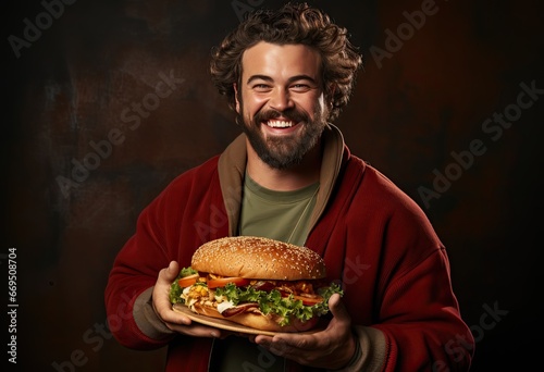 A big man in winter clothes smiles at the camera and shows a huge hamburger. Generated by AI.