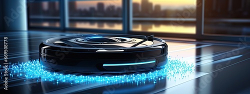 Futuristic robot vacuum cleaner with innovative controls removes dust on the floor. Generated by AI.