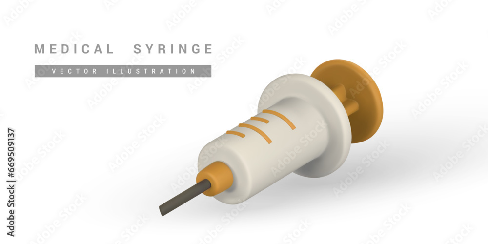 Realistic 3d syringe. Disposable equipment for injections. Medical device for vaccination. Isolated vector object. Vector illustration