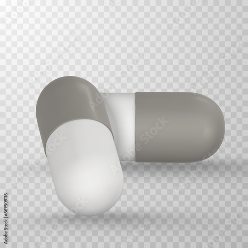 Realistic 3d pill in cartoon style. Medicine and drugs capsule, medical supplements. Vector illustration