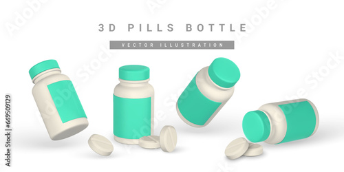 Realistic 3d pills and medicine boxes in cartoon style. Medicine and drugs capsule, medical supplements. Vector illustration