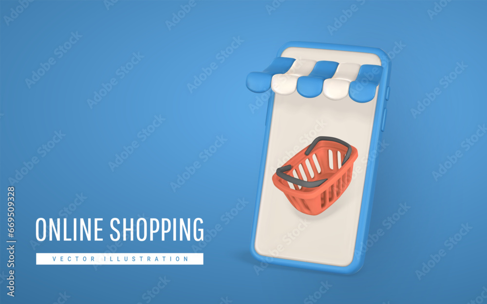 3d online shop. Smartphone with striped shop canopy, shopping basket. Modern online shopping, application for smartphone. Vector illustration 3d online shop. Smartphone with striped shop canopy, shopping basket. Modern online shopping, application for smartphone. Vector illustration