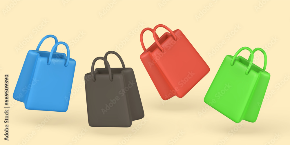 Set of 3d empty shopping bags, handbags in cartoon style. Discount, promotion, sale, shopping concept. Vector illustration Set of 3d empty shopping bags, handbags in cartoon style. Discount, promotion, sale, shopping concept. Vector illustration