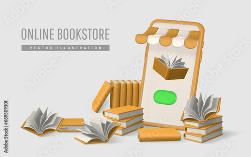 3d online bookstore. Smartphone with striped shop canopy and books. Modern online shopping, application for smartphone. Vector illustration