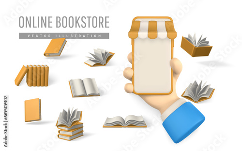 3d online bookstore. Smartphone with striped shop canopy and books. Modern online shopping, application for smartphone. Vector illustration