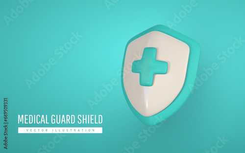 3d medical protection shield. Medical protection, insurance symbol. Concept of medical insurance, hygiene. Vector illustration