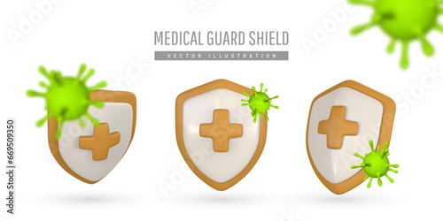 3d medical protection shield. Medical protection, insurance symbol. Protection from pandemic outbreak. Immunity concept. Vector illustration
