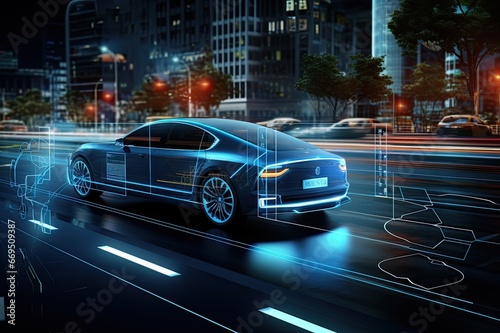 Self-driving electric car car in action at night , showcasing advanced sensors, cameras and artificial intelligence algorithms,