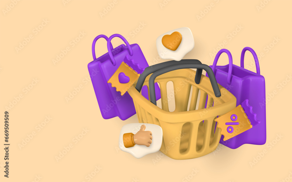 Fototapeta premium Online shopping banner template in cartoon style. Shopping basket, bag, discount, promotion, sale, shopping concept. Vector illustration