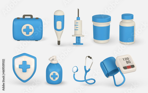 Healthcare concept in cartoon style. Set of 3d different medical equipment. Assortment of various medical instruments. Vector illustration