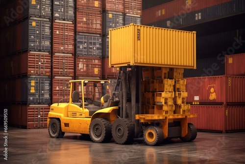 A realistic image of a stack of containers with a truck and forklift. Generative AI