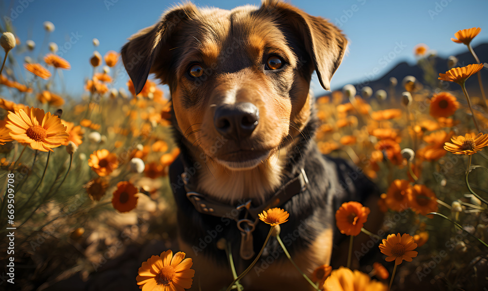 Rottweiler dog surrounded by a field of flowers, happy dog - Generative AI