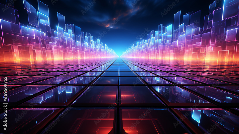 Illuminated data screen wall and grid corridor surreal landscape with neon light, virtual reality cyberspace and digital technology concept, futuristic abstract background.
