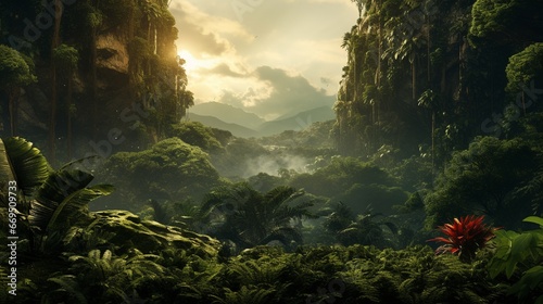 A dense jungle and a concrete jungle melded into one  contrasting two different kinds of wilderness.