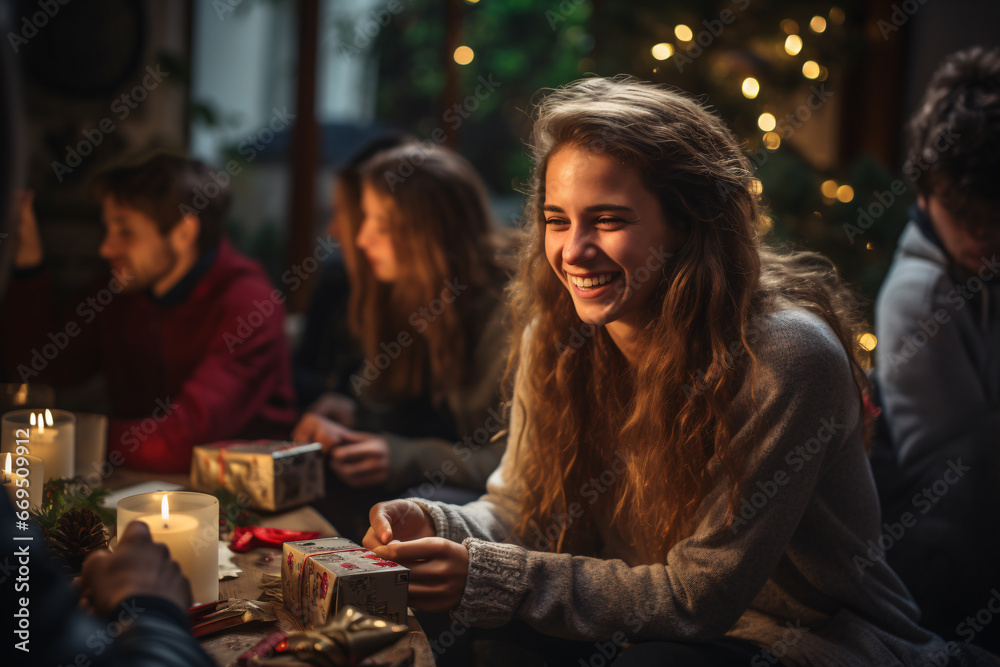 Beautiful young woman with freinds or colleages enjoying christmas party, Christmas and New year concept.