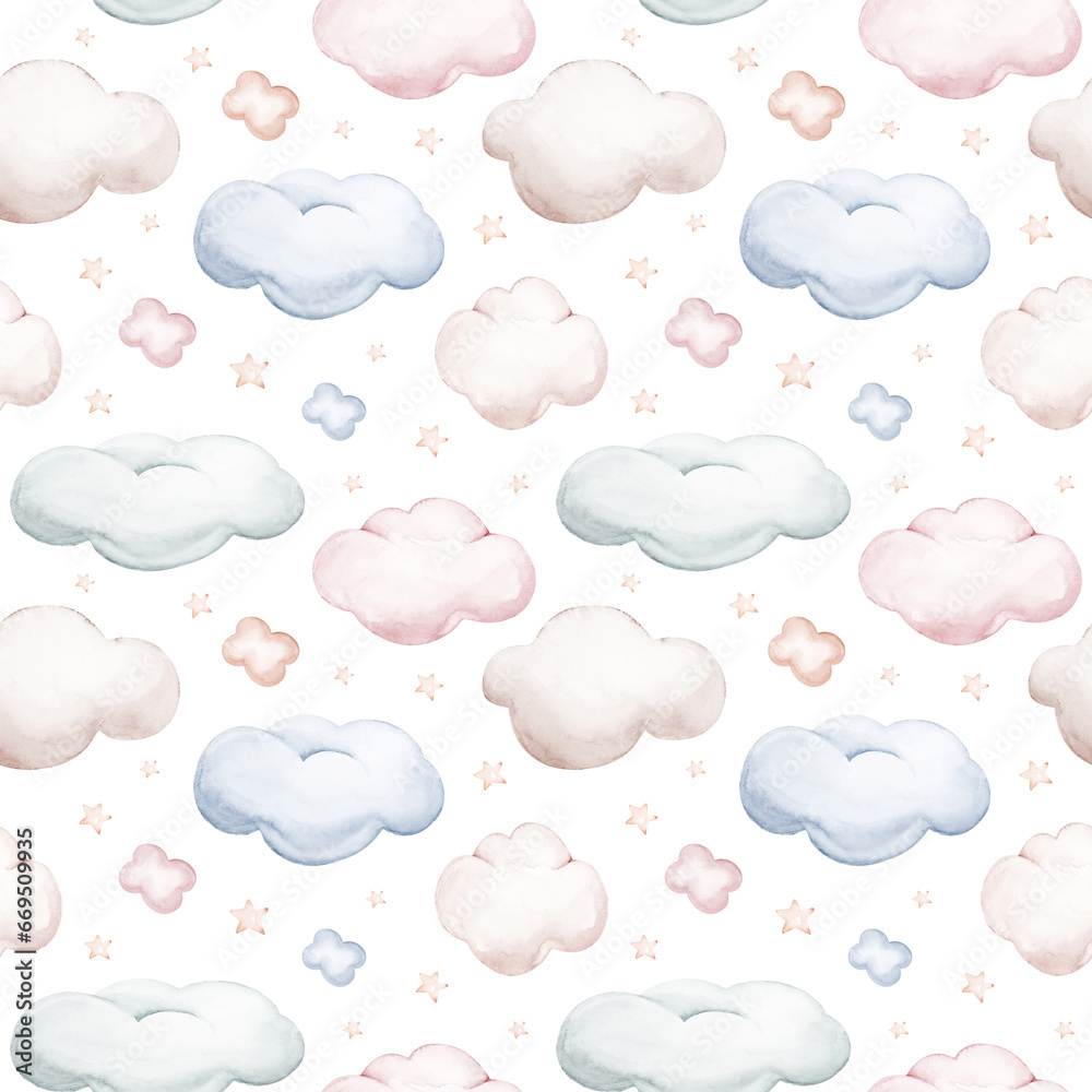 Seamlesss pattern with cartoon clouds, magic baby bear bunny toys and cow. Watercolor hand drawn illustration with white background Seamlesss pattern with cartoon clouds, magic baby bear bunny toys and cow. Watercolor hand drawn illustration with white background