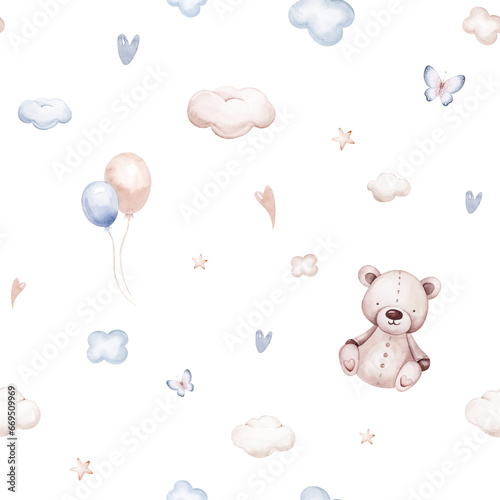 Seamlesss pattern with cartoon clouds, magic baby bear bunny toys and cow. Watercolor hand drawn illustration with white background