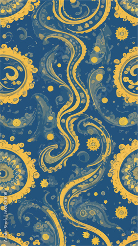 Flat 2D Vector Cartoon Pattern: Cempaka Flowers in Starry Night Scene © valenia
