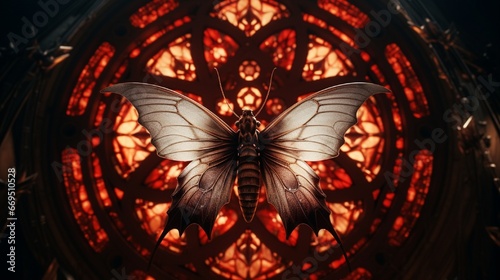 A moth under a microscope and a gothic cathedrala??s rose window, shedding light on natural and man-made marvels. photo